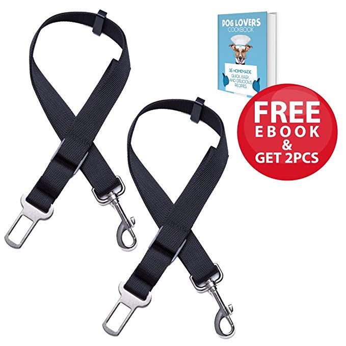 Go Pet Seat Safety Belt | 2 Pcs of 31.5 Inches Adjustable Car Vehicle Seat Belt for Dogs Cats | Safety Leash Heavy Duty Harness with Tangled-Free Strap and Secured Hook | Dog Treats E-book Included