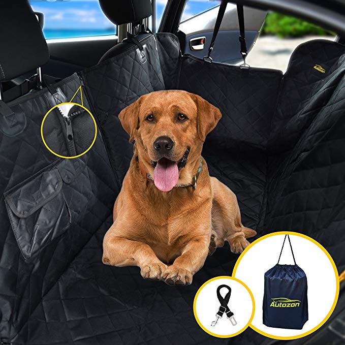 Autozon Car Dog Seat Cover for Pet - Waterproof Hammock Scratch Proof Nonslip Backing. Heavy Duty Backseat Cover for Cars Trucks and SUVs with Side Flaps, Zippers and Pockets.Free Bag + Dog Seat Belt