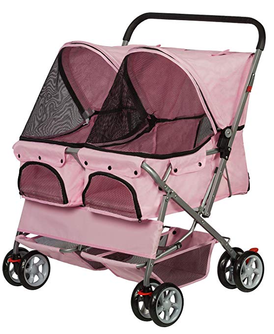 Paws & Pals Double Pet Stroller for Cats, Dogs and Other Household Animals, Pink