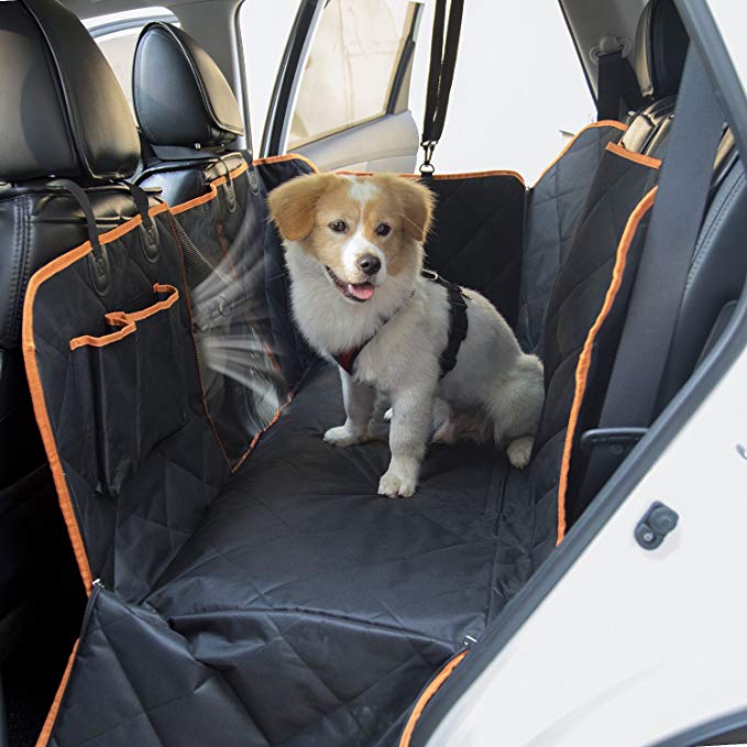 Slowton Dog Seat Cover, Waterproof Pet Car Back Seat Hammock with Rubber Non Slip Backing Bottom, Zippered Slide Flaps, Pouches and Mesh Visual Window in Car Vehicle Trunk for Pets Road Trip