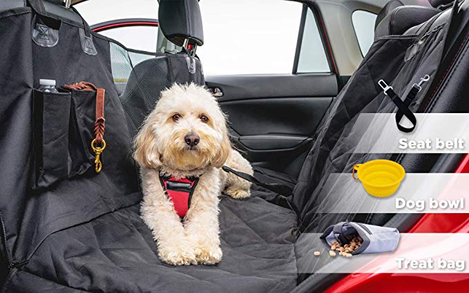 Vibes Dog Supply Luxury Pet Seat Cover - Bonus Seat Belt & Collapsible Dog Bowl & Treat Bag for Trucks, SUV, and Cars - Non Slip Backing, Waterproof