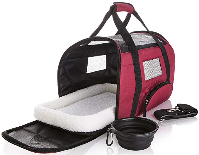 SunShack Soft Sided Pet Carrier - Onboard Airline Approved Under Seat Travel Bag for Cats and Small Dogs. Includes a Cushioned Fleece Pad and Collapsible Food/Water Bowl. Small, Maroon