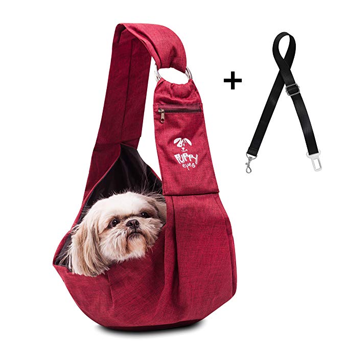 Puppy Eyes Waterproof Pet Carrier Sling Comfortable and Adjustable Dog Sling Ideal for Small & Medium Dogs up to 16 lb - Lightweight & Easy-Care Dog Carrier with Bonus car seat Belt and E-Book