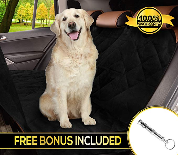 Reusable Dog car Seat Cover for All Cars with Side Flaps & Free Stop Barking Whistle - Durable Non-Slip Comfortable Material for Safe Traveling on the Road | Machine Washable & Easy to Install, Black