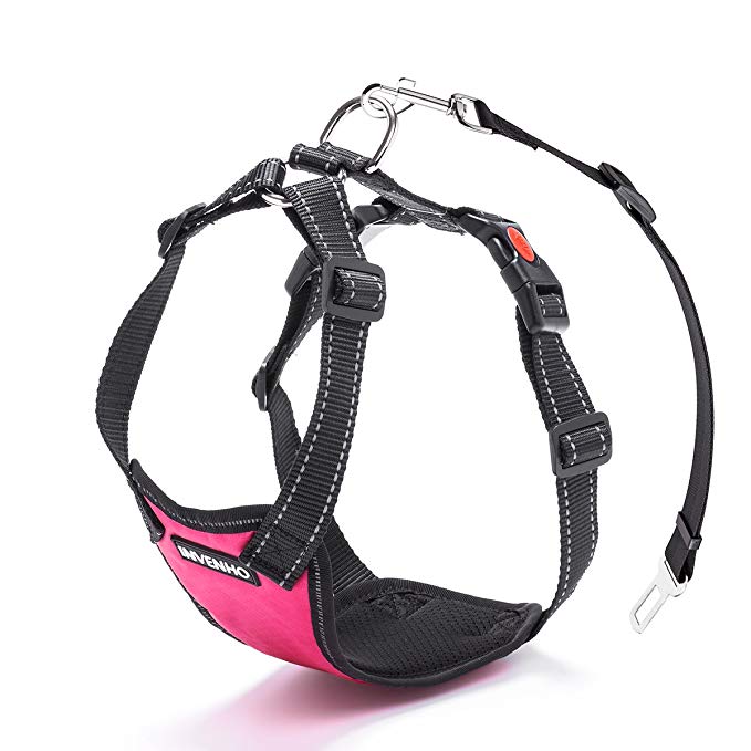 DOGJOG Dog Car Harness Plus Connector Strap Safety Vest Harness Adjustable Double Breathable Mesh Fabric Travel Regular Vest Harness Car Seat Belt Lead Clip