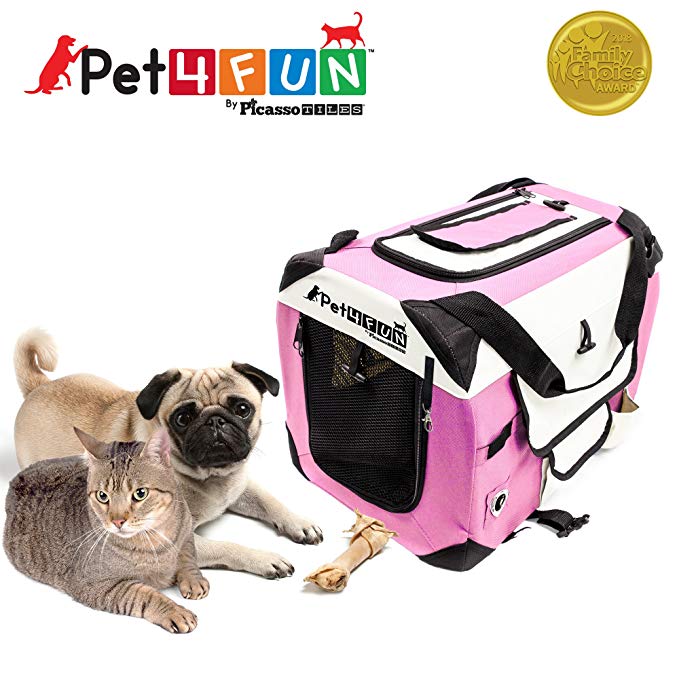 PET4FUN® PN950 Foldable Pet Puppy Dog Cat Carrier & Travel Crate w/ Premium 600D Oxford Cloth, Strong Steel Frame, Carry Bag, Locking Zippers, Washable Nap Pad, Airy Windows | 3 Size & 3 Colors