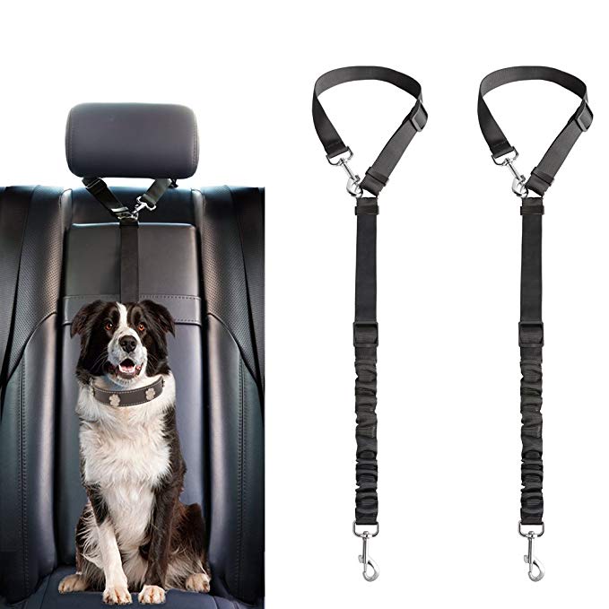 Mkono Dog Seat Belt, 2 Pack Adjustable Durable Headrest Seatbelt Pet Dog Car Safety Harness Restraint with Elastic Nylon Bungee Buffer Vehicles Travel Daily Use, Black