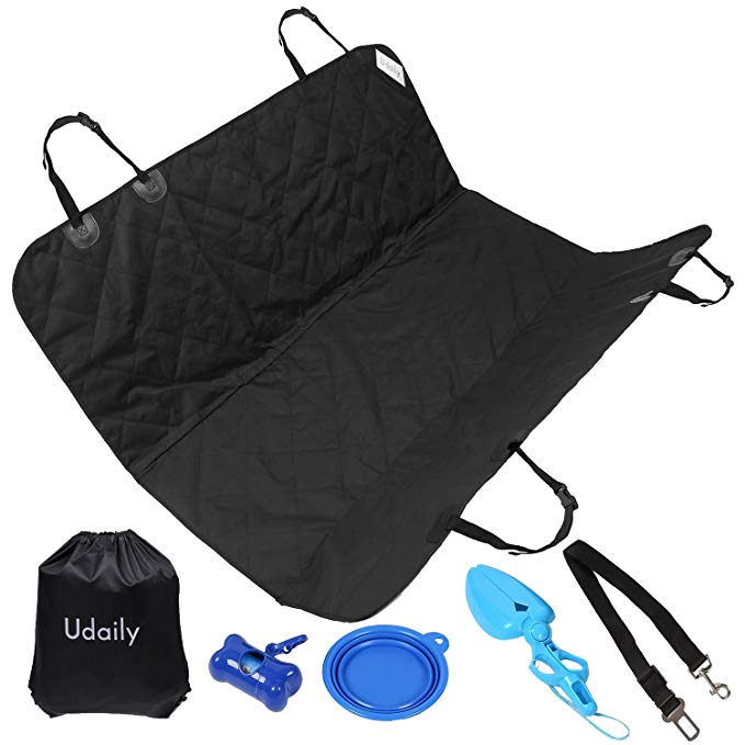 Udaily Waterproof Car Seat Cover for Pet - Storage Bag and 4 Pet Supplies Included - Slip-Proof Dog Hammock for Car, Deluxe Pet Seat Cover Kit - Black