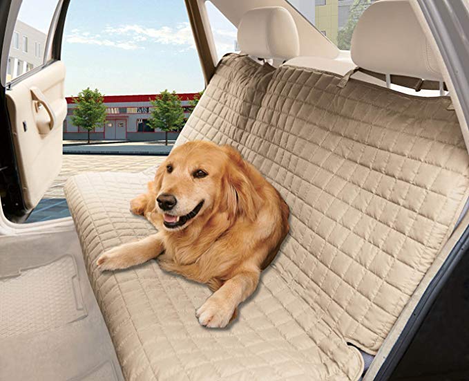 Elegance Linen Quilted Design %100 Waterproof Premium Quality Bench Car Seat Protector Cover (Entire Rear Seat) for Pets - TIES TO STOP SLIPPING OFF THE BENCH