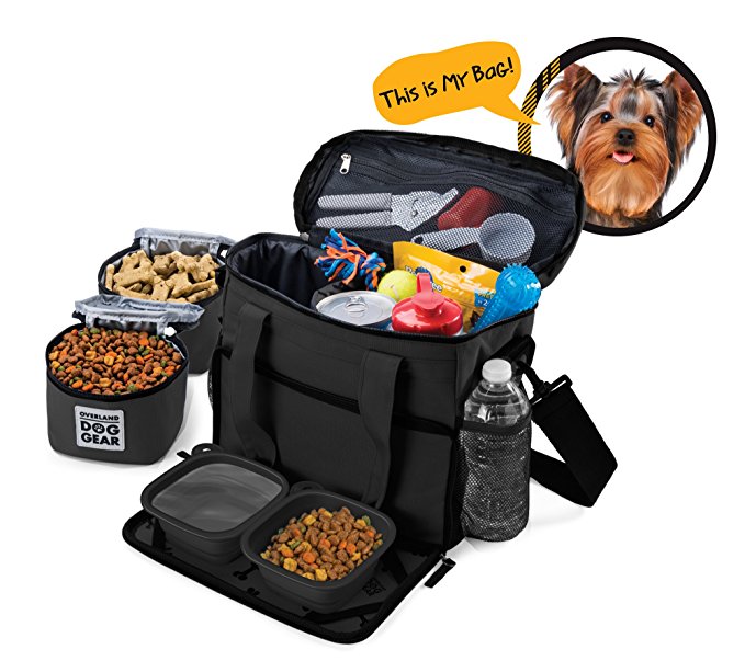 Dog Travel Bag - Week Away Tote For Small Dogs - Includes Bag, 2 Lined Food Carriers, Placemat, and 2 Collapsible Bowls