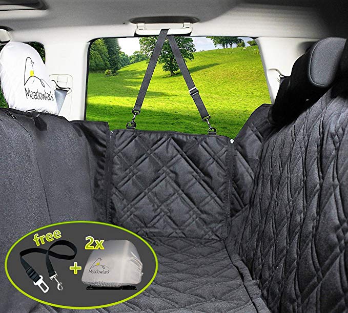 Meadowlark Dog Seat Covers Unique Design & Full Car Protection-Doors,Headrests & Backseat. Extra Durable Zippered Side Flap, Waterproof Pet Seat Cover + Seat Belt & 2 Headrest Protectors as a Gift