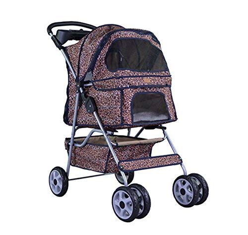 NEW Extra Wide Leopard Skin 4 Wheels Pet Dog Cat Stroller With RainCover