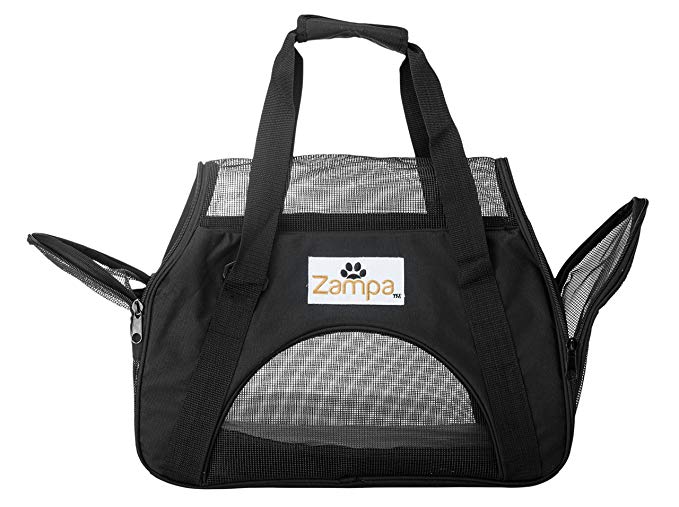 Airline Approved Soft Sided Pet Carrier by Zampa, Low Profile Travel Tote, Removable pad, Premium Zippers & Under Seat Compatibility, for Cats and Small Dogs, 2 Openings, Shoulder Strap For Travel